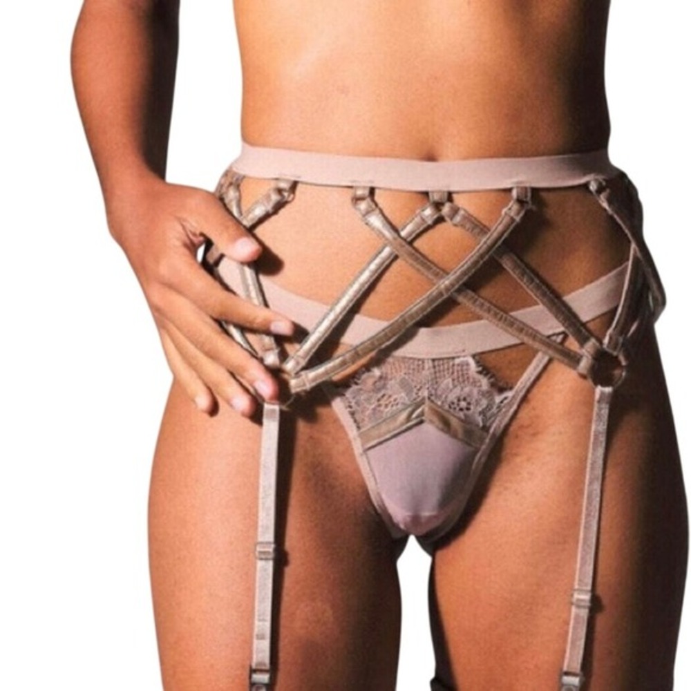 Garter Belt Lingerie Cage Thong Strappy Harness Adjustable Beige XL
